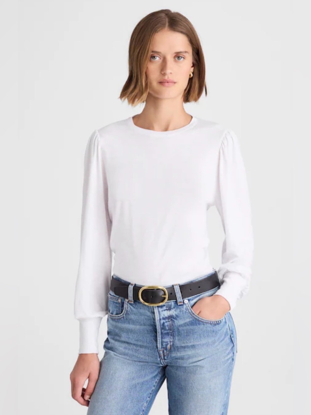 Madewell Smocked Long Sleeve Top in Soft Slub Pima Cotton White , Small
